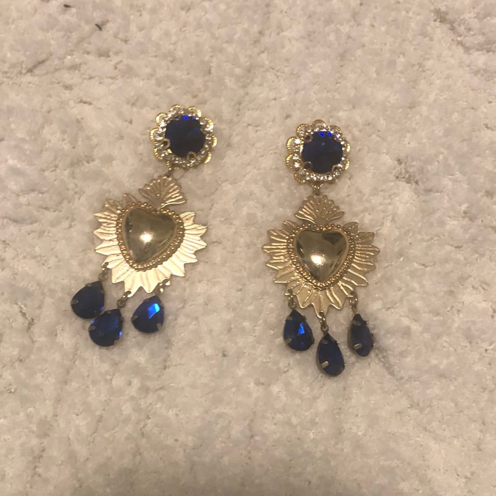 Gold stud sacred heart Pendant earrings with blue accents Italy